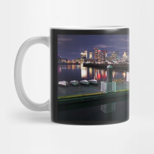 The Boston Skyline lit up for Christmas Boats Mug